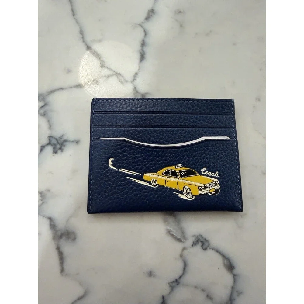 Coach Men’s Navy Leather Card Holder Wallet Taxi Cab Graphic Rare New